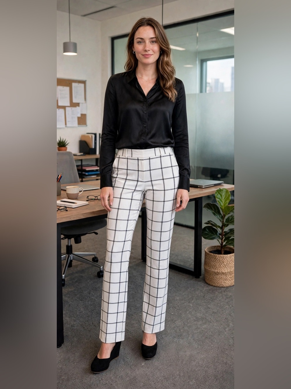 Express Cream Ankle Trousers with Black Windowpane